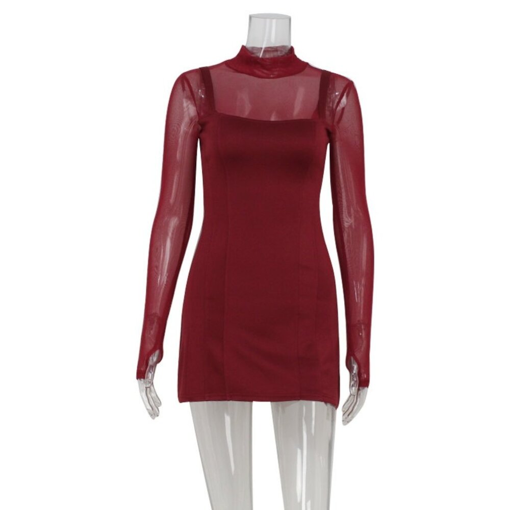 Chic Mesh Patchwork A-Line Dress | Sophisticated Sheer Detail Party Mini - Picture 2 of 6